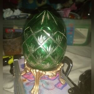 Brazilian Cut Glass Egg w/ Brass, 4-footed Stand